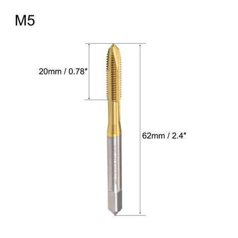 Spiral Point Plug Threading Tap M5 x 0.8 Thread, Ground Threads H2 3 Flutes, High Speed Steel HSS 6542, Titanium Coated, 2pcs