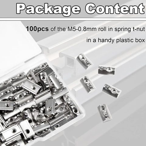 Image of M5 Roll In Spring Loaded T Nuts 100 Pcs M5x0.8 Nickel Plated Carbon Steel in a plastic box for 20x20 aluminum extrusions.