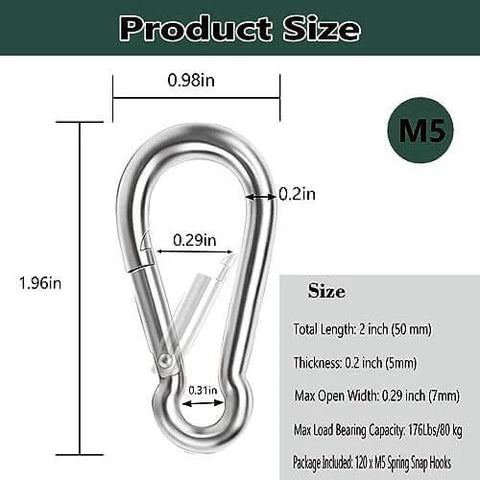 Diagram showing dimensions of 120 Pcs M5 Spring Snap Hook Carabiner Set, 2 Inch Small Carabiner Clip, Heavy Duty Galvanized Steel Spring Clip.