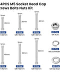 M5 Screws Kit 184 Pcs 304 Stainless Steel Hex Socket Head Cap Screws Nuts Washers Set 30 35 40 45 50 60mm components