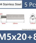 Diagram showing Stainless Steel M5 Standoff Screws 20mm With 8mm Hex Spacers For PCBs, highlighting dimensions and specifications.