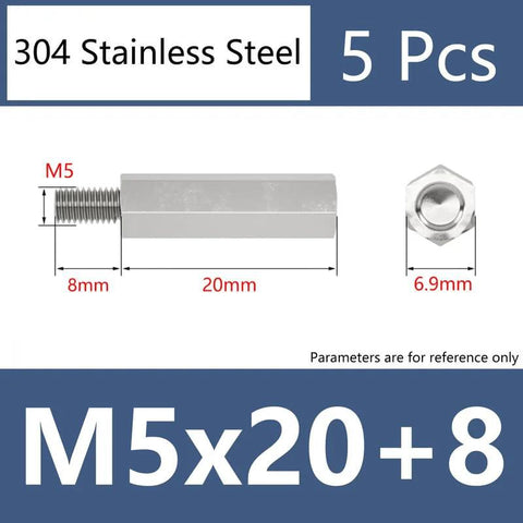 Diagram showing Stainless Steel M5 Standoff Screws 20mm With 8mm Hex Spacers For PCBs, highlighting dimensions and specifications.