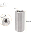 M5 Hex Standoff Spacer Nuts 20mm Length, 8mm Hex Width, Stainless Steel, 6 Pack, Female Thread Coupling Screws size diagram.