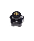 Top view of a single Six Pieces M5 x 25 Female Thread Star Knob Nut with Clamping Grip, flat bottom, plastic black cap, 1 inch diameter.