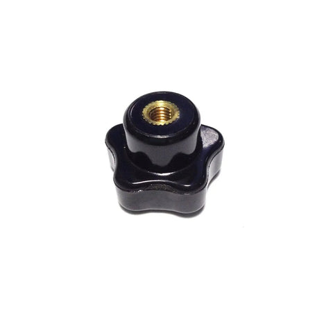 Top view of a single Six Pieces M5 x 25 Female Thread Star Knob Nut with Clamping Grip, flat bottom, plastic black cap, 1 inch diameter.