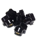 Six Pieces M5 x 25 Female Thread Star Knob Nuts With Clamping Grip, Flat Bottom, Plastic Black Cap, shown in a pile.