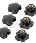 Six Pieces M5 x 25 Female Thread Star Knob Nuts With Clamping Grip, Flat Bottom, Plastic Black Cap, 1 Inch Diameter And 0.75 Inch Height
