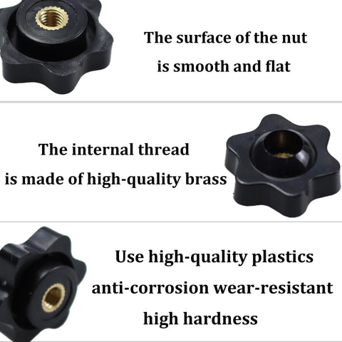 10Pcs M5 Star Knobs With Knurled Black Plastic Handle Female Threaded Screw-On Knobs showing smooth nut surface and brass internal thread