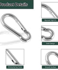 Close-up of heavy duty galvanized steel M5 spring snap hook carabiner showing bayonet fit and smooth surface for quick links.