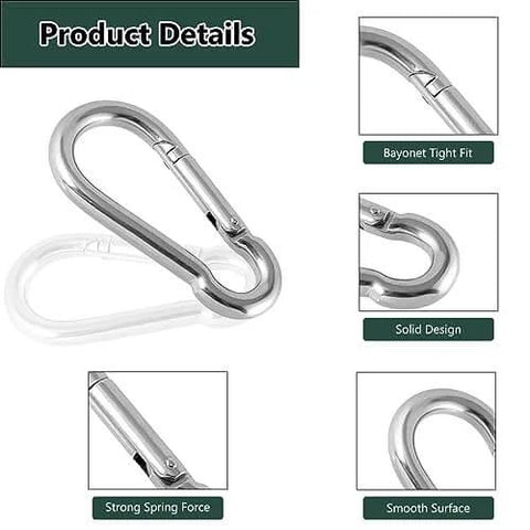 Close-up of heavy duty galvanized steel M5 spring snap hook carabiner showing bayonet fit and smooth surface for quick links.