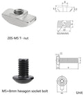 20S-M5 T-nut and M5×8mm hexagon socket bolt for 200 Pcs M5 T Slot Nut Kit for 2020 Series Aluminum Extrusion Profile Frames.