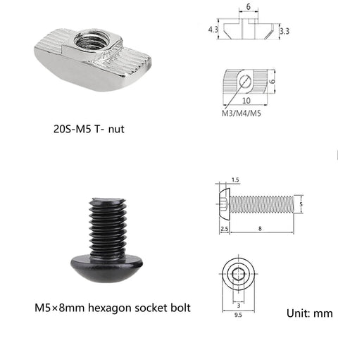 20S-M5 T-nut and M5×8mm hexagon socket bolt for 200 Pcs M5 T Slot Nut Kit for 2020 Series Aluminum Extrusion Profile Frames.