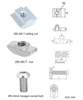 240 Pcs M5 T Nut and Screw Kit for 2020 Aluminum Extrusion with Silver M5 Hardware, includes nuts and bolts for T slot profiles.
