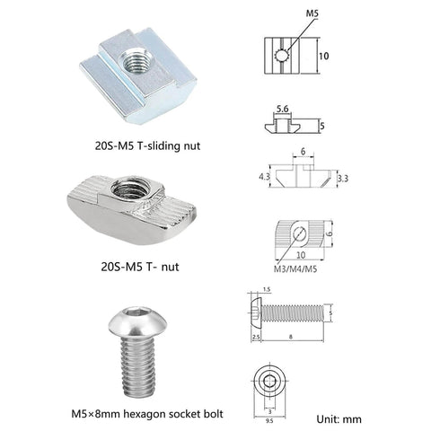 240 Pcs M5 T Nut and Screw Kit for 2020 Aluminum Extrusion with Silver M5 Hardware, includes nuts and bolts for T slot profiles.