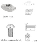 M5 T Slot Nut and Screw Kit for 2020 Series Aluminum Extrusion showing an M5 T-nut and an M5 hexagon socket bolt.