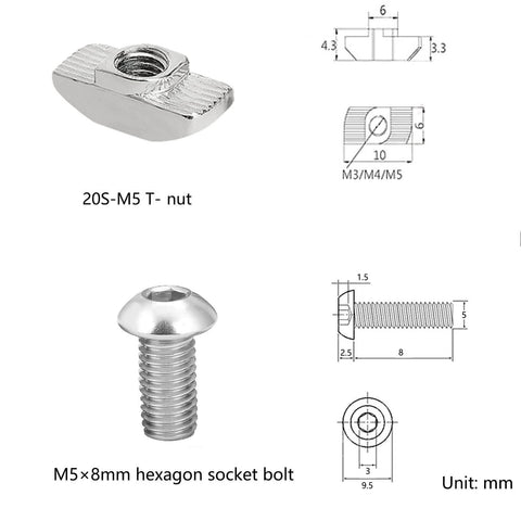 M5 T Slot Nut and Screw Kit for 2020 Series Aluminum Extrusion showing an M5 T-nut and an M5 hexagon socket bolt.