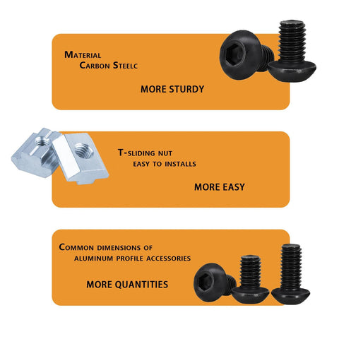300 Pcs M5 T Nut and Screw Kit for 2020 Aluminum Extrusion Hardware with T-sliding nut and carbon steel screws.