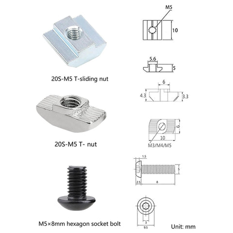 240 pcs M5 T nut and screw kit for 2020 aluminum extrusion systems, M5 hardware set with M5 sliding and T nuts.
