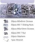 250 Pcs M5 T Nuts and Screws Assortment Kit for 2020 Series Aluminum Extrusion Including Sliding T Nuts Drop In T Nuts M5 x 8mm and M5 x 10mm Screws Washers and Wrench for CNC 3D Printer and Frame Builds