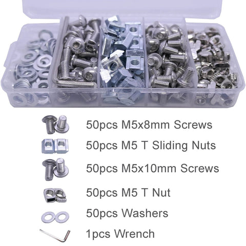 250 Pcs M5 T Nuts and Screws Assortment Kit for 2020 Series Aluminum Extrusion Including Sliding T Nuts Drop In T Nuts M5 x 8mm and M5 x 10mm Screws Washers and Wrench for CNC 3D Printer and Frame Builds