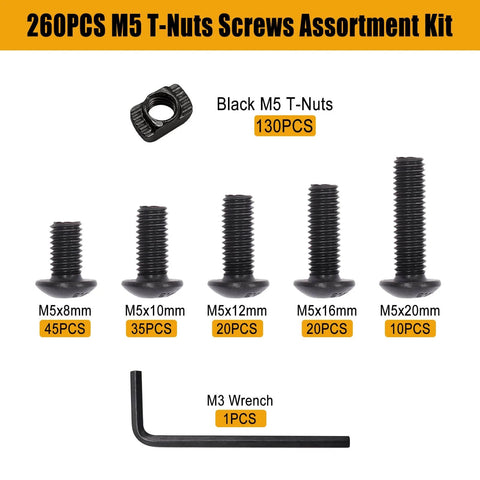 260Pcs M5 T Nuts And Screws Kit For MLok And Rail Mounts Compatible With 2020 Aluminum Profiles with assorted screws and wrench