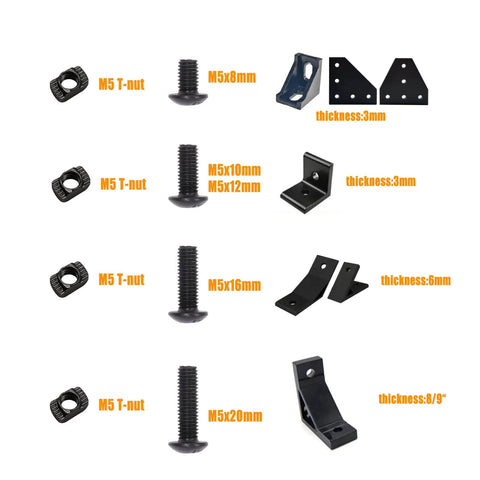 260Pcs M5 T Nuts And Screws Kit For MLok And Rail Mounts Compatible With 2020 Aluminum Profiles, showing various M5 sizes and angles.