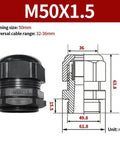 Black M50X1.5 cable gland with dimensions and diagram, showing 50mm opening, 32-36mm cable range