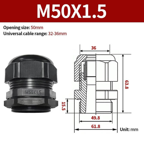 Black M50X1.5 cable gland with dimensions and diagram, showing 50mm opening, 32-36mm cable range