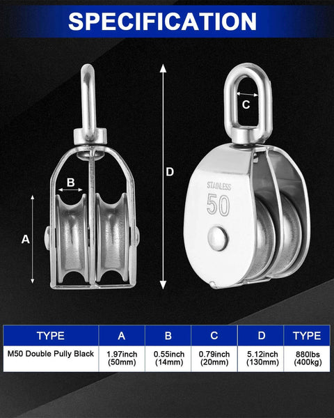 M50 Double Pulley Block Set - 304 Stainless Steel Pack of 2 shown in specification image with side and front view