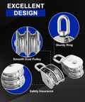 M50 Double Pulley Block Set - 304 Stainless Steel Pack of 2 with swivel hook design, showcasing smooth dual pulleys and sturdy ring.