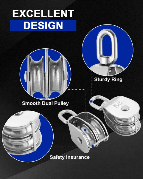 M50 Double Pulley Block Set - 304 Stainless Steel Pack of 2 with swivel hook design, showcasing smooth dual pulleys and sturdy ring.