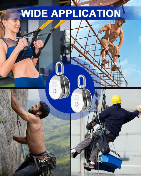 M50 Double Pulley Block Set - 304 Stainless Steel Pack of 2 in use for exercises and industrial lifting with athletes and workers