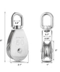 Front and side view of M50 Single Pulley Block with 1000lbs load capacity in stainless steel 304, 14mm wire rope, swivel eye, 3 pack.