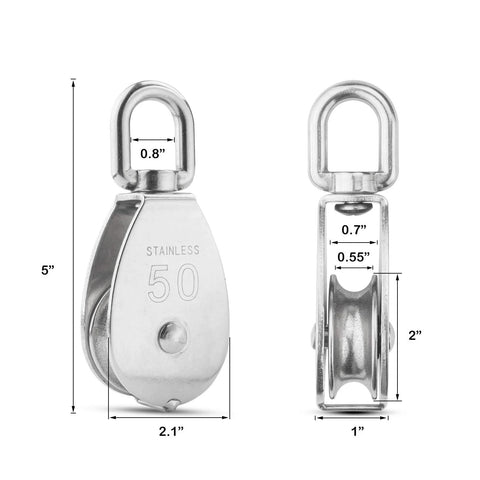 Front and side view of M50 Single Pulley Block with 1000lbs load capacity in stainless steel 304, 14mm wire rope, swivel eye, 3 pack.