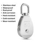 M50 Single Pulley Block With 1000lbs Load Capacity In Stainless Steel 304, side view, showing features like rust resistant and wear resistant.