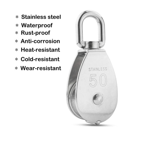 M50 Single Pulley Block With 1000lbs Load Capacity In Stainless Steel 304, side view, showing features like rust resistant and wear resistant.