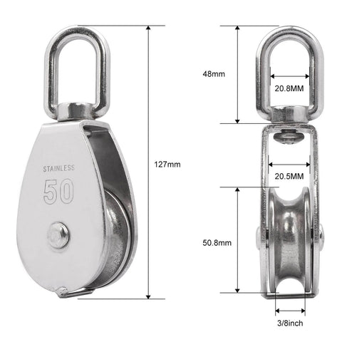 Dimensions of ✝️ M50 Single Pulley Snatch Block Lifting Crane Heavy Duty Swivel Hook 304 Stainless Steel with 3/8" Rope x 2" Sheave