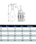 Diagram and size chart of 304 stainless steel M50 double pulley with fixed top rope guide for heavy duty lifting systems.
