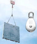 M50 Single Pulley Snatch Block 304 Stainless Steel Lifting Crane Swivel Hook in use with 3/8" rope lifting a metal load