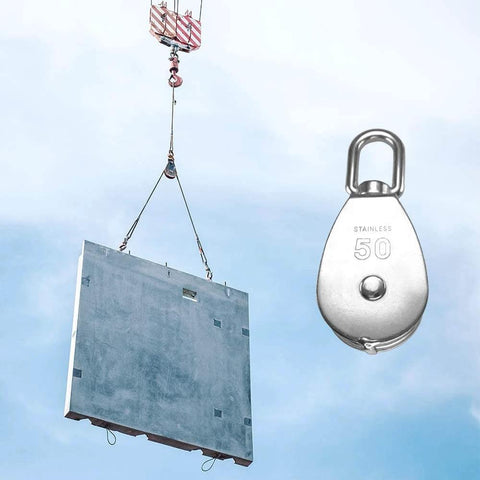 M50 Single Pulley Snatch Block 304 Stainless Steel Lifting Crane Swivel Hook in use with 3/8" rope lifting a metal load