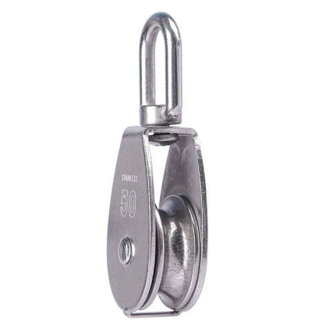 M50 Single Pulley Snatch Block 304 Stainless Steel Lifting Crane Swivel Hook, 3/8" Rope x 2" Sheave in side view angle