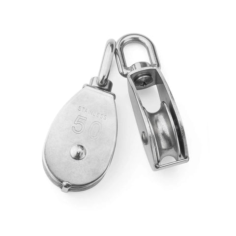 M50 Single Pulley Block With 1000lbs Load Capacity In Stainless Steel 304 for wire rope 14mm diameter, top angle view.