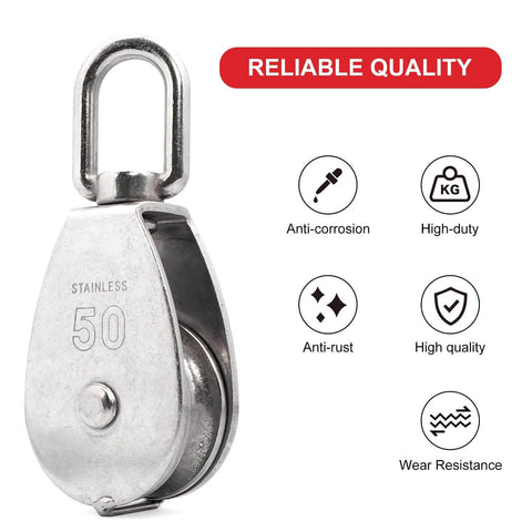 M50 Single Pulley Snatch Block Lifting Crane Heavy Duty Swivel Hook 304 Stainless Steel, 3/8" Rope x 2" Sheave, 800 lbs Load reliable quality