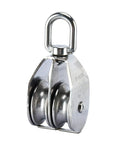 Front view of 2-Pack M50 Lifting Double Pulley Block 304 Stainless Steel Crane Rotary Hook Double Pulley Loading M50 Double Pulley.