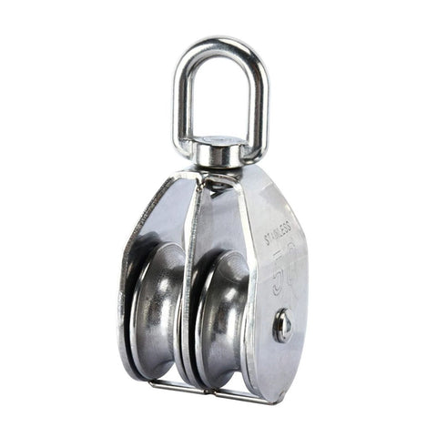 Front view of 2-Pack M50 Lifting Double Pulley Block 304 Stainless Steel Crane Rotary Hook Double Pulley Loading M50 Double Pulley.