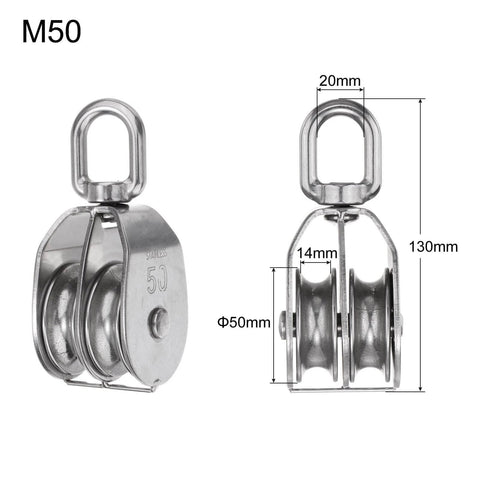 2pcs M50 Double Pulley Block, Stainless Steel Swivel Rigging Lifting Wheel Fixed Pulley, showing measurements and double sheave design.