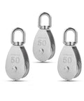 Three M50 Single Pulley Block With 1000lbs Load Capacity In Stainless Steel 304 For Wire Rope 14mm Diameter, showing swivel eye.