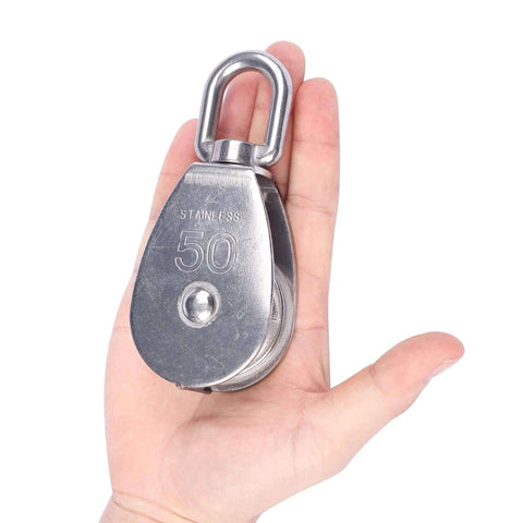 Hand holding M50 Single Pulley Snatch Block 304 Stainless Steel Lifting Crane Swivel Hook, 3/8" Rope x 2" Sheave