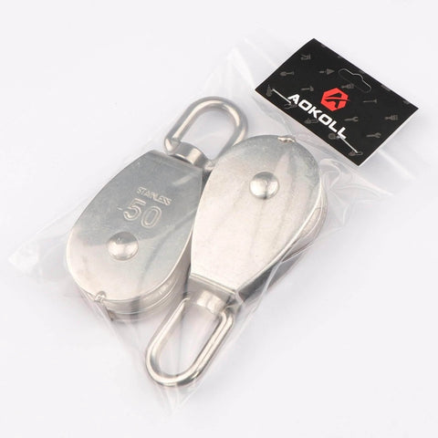 M50 Single Pulley Snatch Block Lifting Crane Heavy Duty Swivel Hook 304 Stainless Steel in plastic packaging, 2 PCS