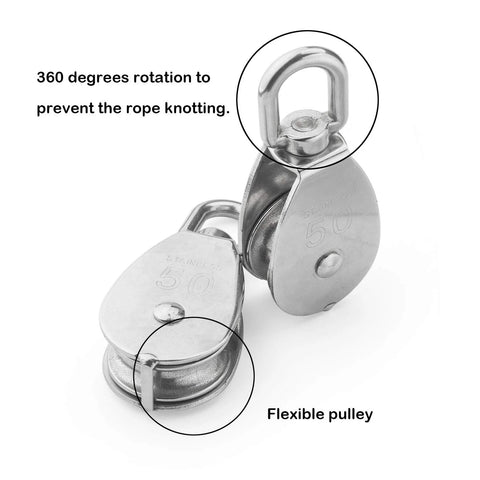 Two M50 Single Pulley Blocks With 1000lbs Load Capacity In Stainless Steel 304, showing swivel eye and single roller mechanism.